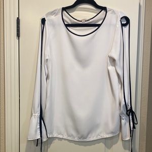 Cream Long Sleeve Blouse with Tie Front and Cut Out